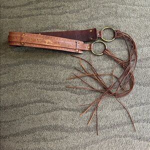 Linea Pelle Bohemian Stamped Leather Brown Fringe Tie Front Belt Size M/L